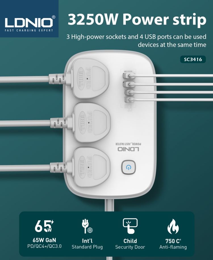 LDNIO SC3416 65W Gan Ac Power Outlet Extension Socket Power Strip Extension Socket With 2 USB a and 2 USB C PD QC3.0
