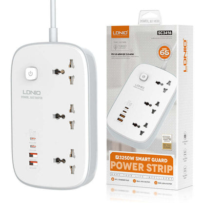 LDNIO SC3416 65W Gan Ac Power Outlet Extension Socket Power Strip Extension Socket With 2 USB a and 2 USB C PD QC3.0