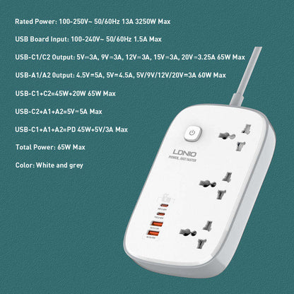 LDNIO SC3416 65W Gan Ac Power Outlet Extension Socket Power Strip Extension Socket With 2 USB a and 2 USB C PD QC3.0